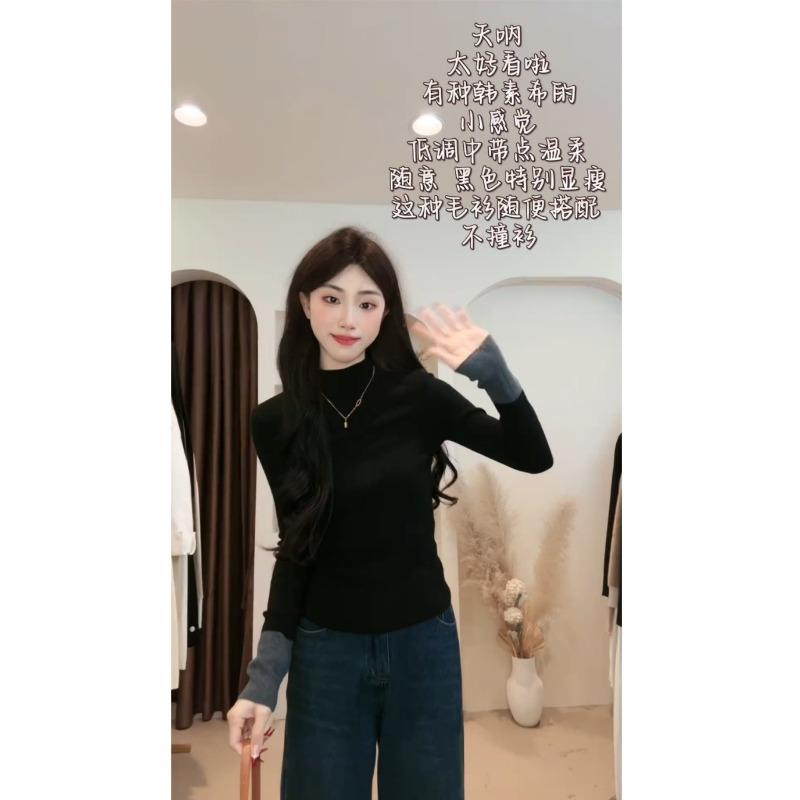 

Semi-turtleneck contrasting color knitted bottoming shirt women s spring slim temperament inner top soft waxy design sweater L чорний