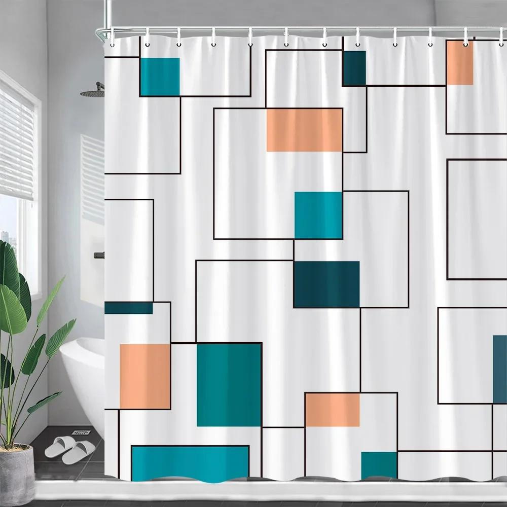 Creative Geometric Shower Curtains Blue Red Yellow White Splicing Black Lines Modern Minimalist Cloth Curtain Bathroom Decor Set