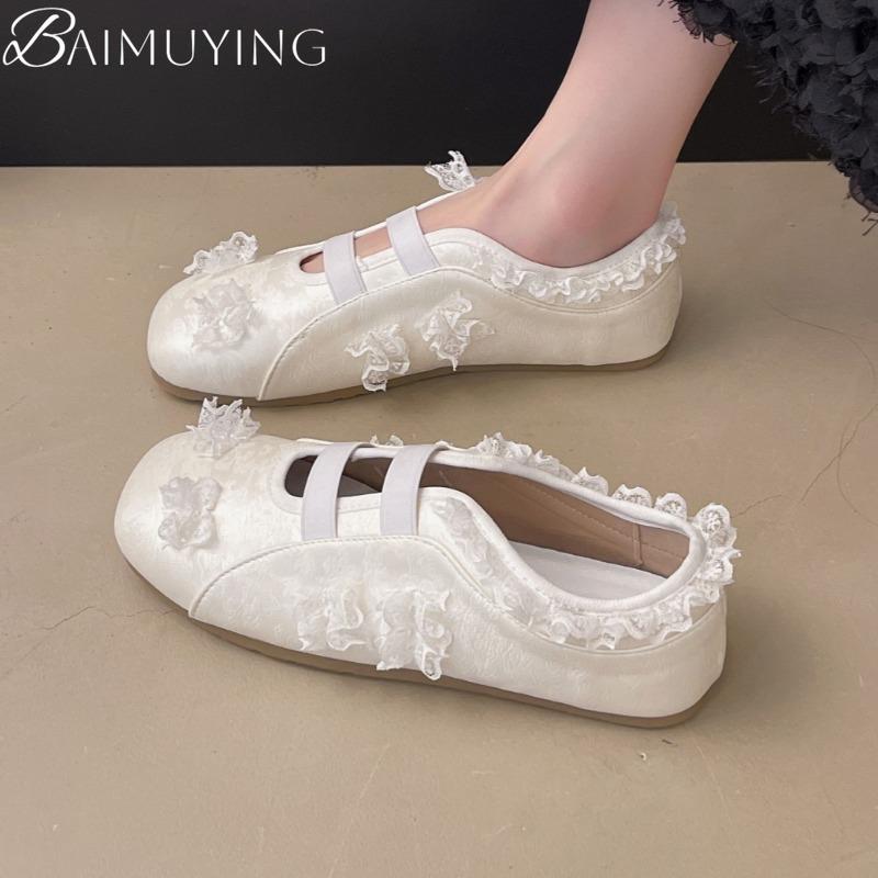 Lace Women Ballet Flat Sandals Square Toe Marie Janes Shoes Woman Loafers 2025 Trend Summer Dress Soft Leather Elegant Zapatos