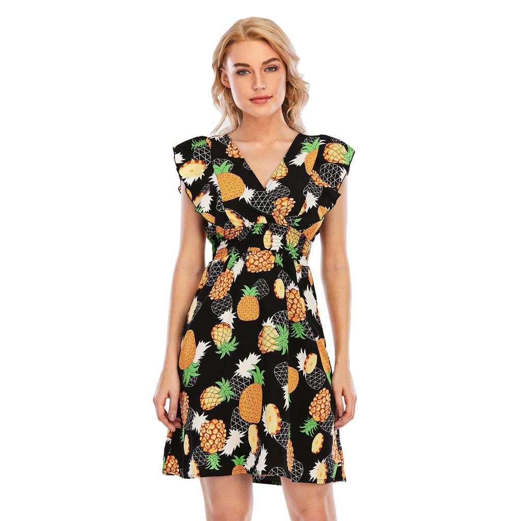 Women Summer V-Neck Chiffon Print Ruffled Sleeveless High Waist A Line Chic Dress S-XXL