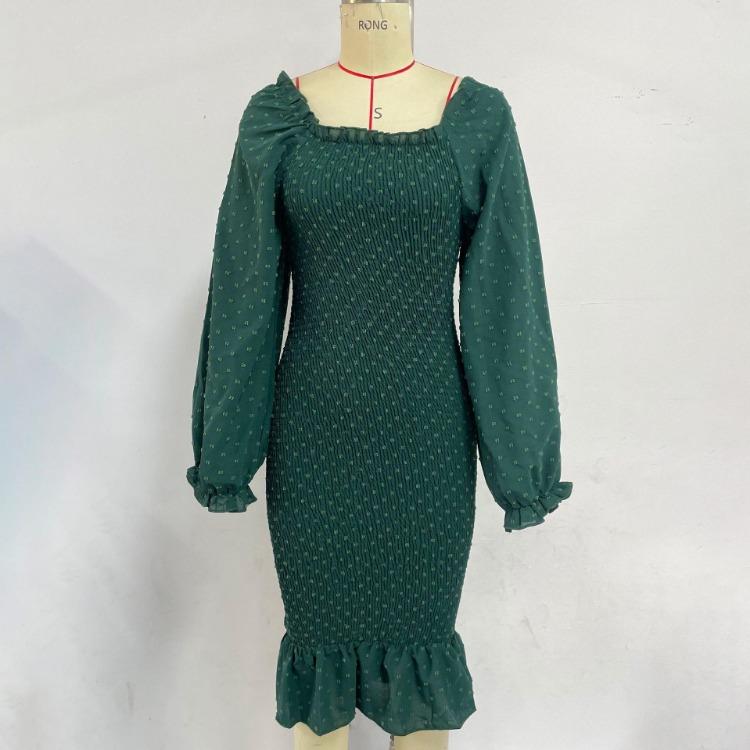 Women Slim Fit Square Neck Long Sleeve Fishtail Dress High Waist Mid Length Spring Summer Fungus Edge Dresses Sizes S-XL
