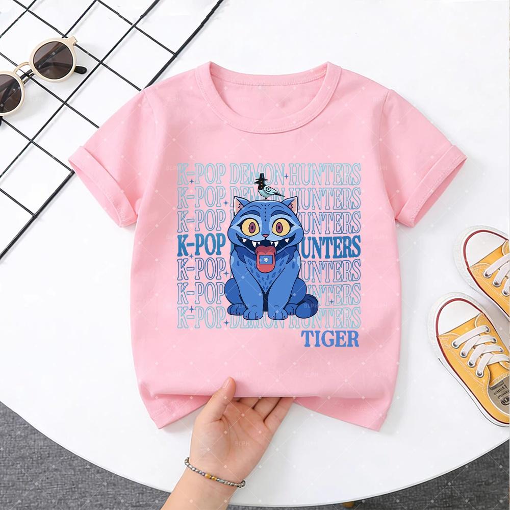 KPop Demon Hunter Cute Blue Cat with Bird Pattern Children's T-Shirt Fashionable Casual for Boys and Girls