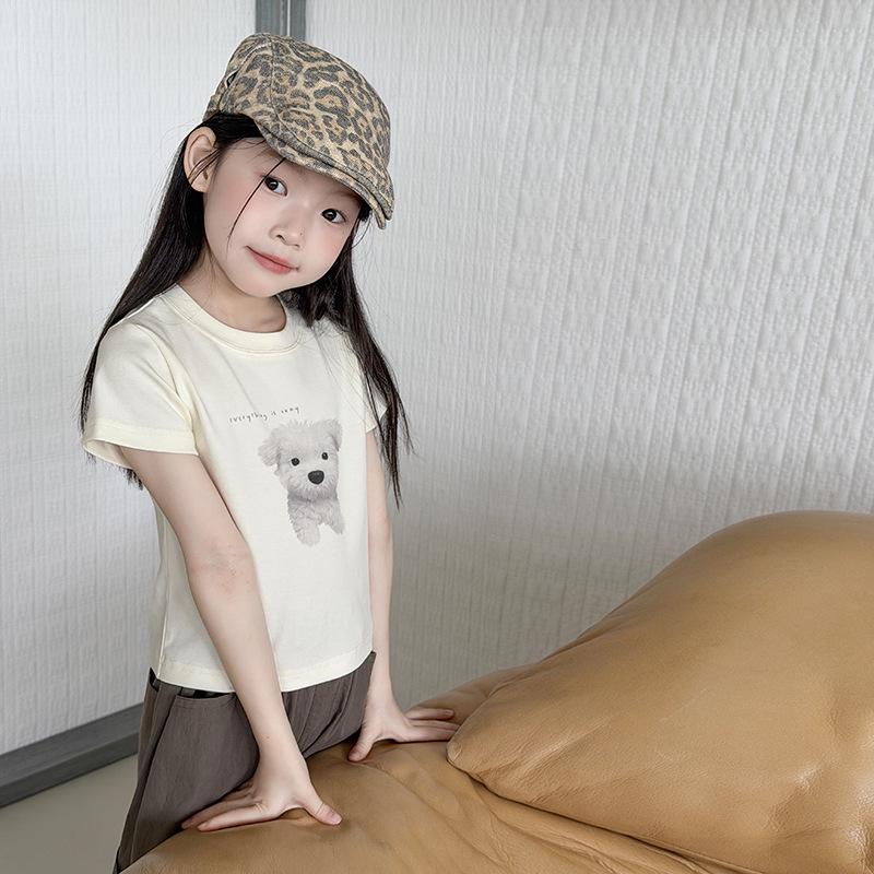 Summer Kids Fashion Spicy Girl Puppy Print Cropped T-Shirt – Slim Fit, Short Sleeve Top for Girls