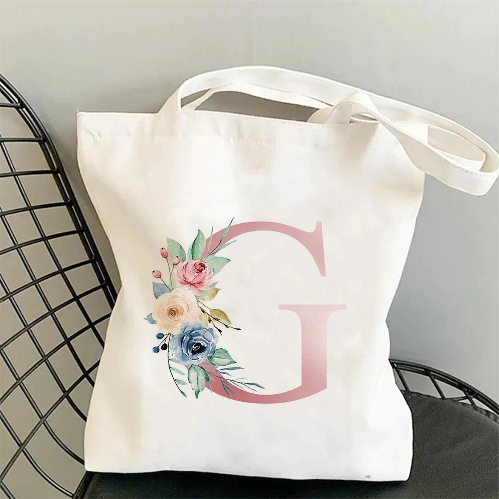 Blumen Alphabet A-Z Damen Einkaufs-Tragetaschen Canvas Große Kapazität Studenten Toilettenartikel Organizer Lässige Tragetasche Buchstaben-Taschen Geschenk