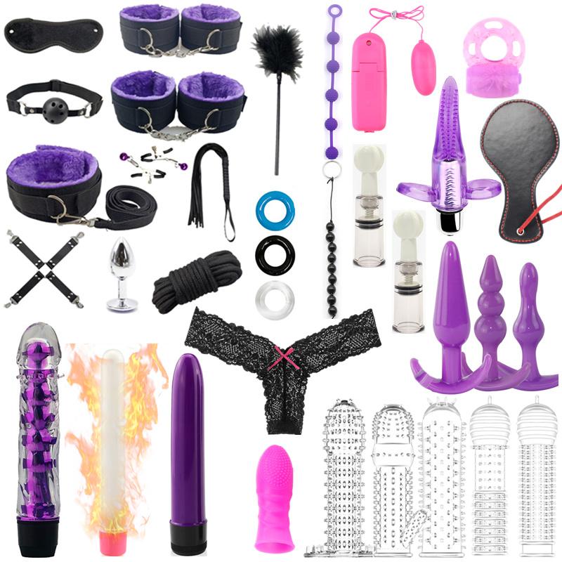 7/10/12/35pcs BDSM Bondage Restraint Kit Bullet Vibrator Handcuff Whip Mouth Gag Anal Bead Butt Plug Adult Game