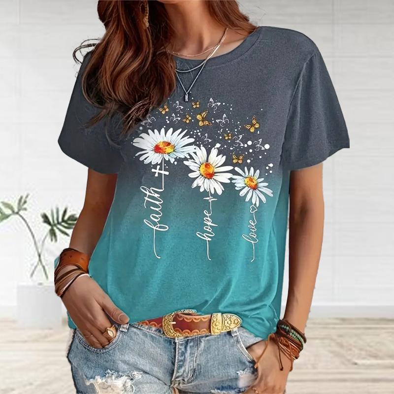 

Женская летняя футболка с принтом в виде красивых белых цветов, футболки с коротким рукавом, повседневные топы с принтом 8XL синий