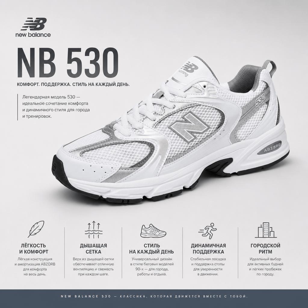 New Balance 530 White Metallic Silver Unisex Sneakers MR530AD