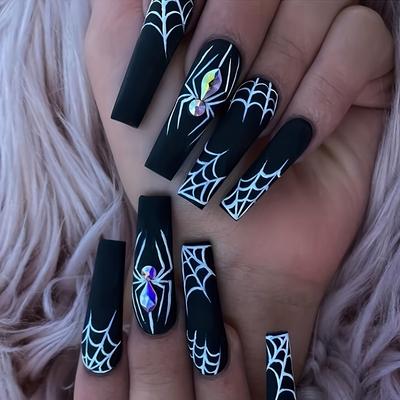 Set da 24 Unghie Finte Acriliche a Forma Lunga da Ballerina con 1 Gel Jelly e 1 Lima per Unghie, Motivo Ragnatela e Ragnatela Bianca, Unghie Press-on con Strass 3D