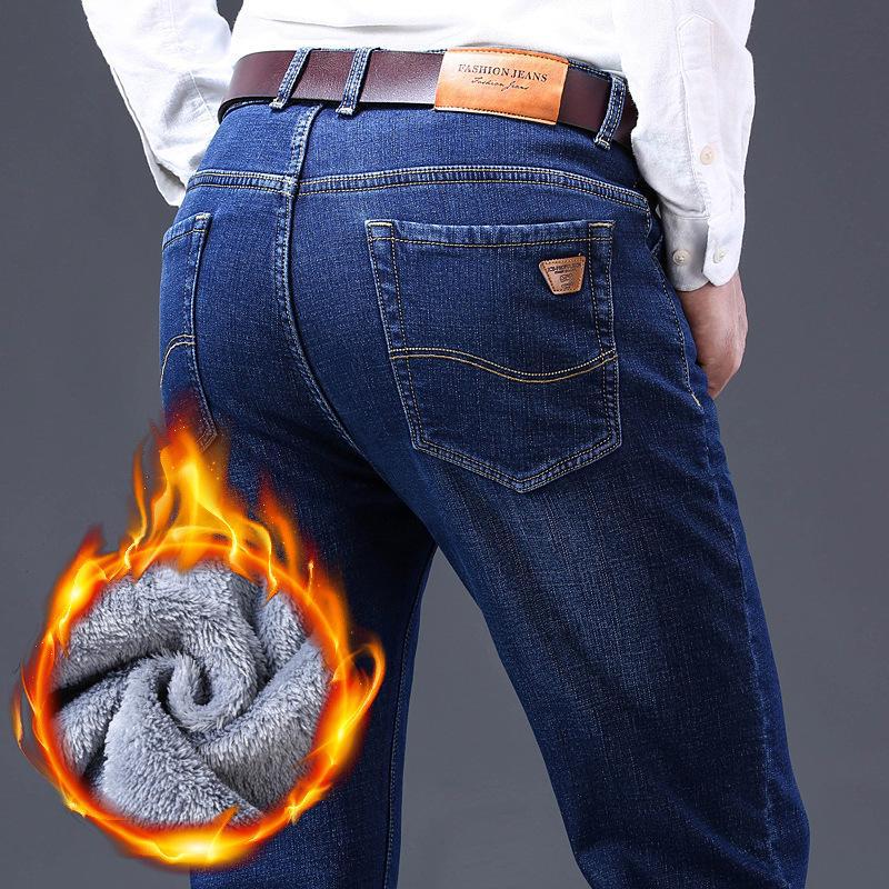 Winter Velvet Thickened Jeans Straight Loose and Versatile Medium Business Elastic Warm Casual Trousers