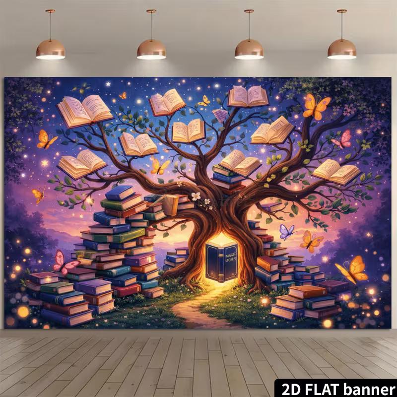 

2D Enchanted Book Tree Backdrop Purple Sky Magic Story Book Background 47.2x31.5inch/120*80cm