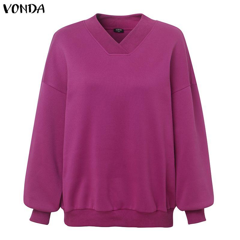VONDA S-5XL Women Long Sleeve V Neck Solid Color Thin Pullover Sweatshirts