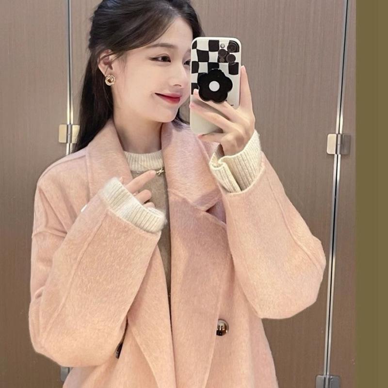 Oatmeal Color Double-sided Velvet Coat for Women Autumn and Winter New Korean Style Mid-length Knee-length Woolen Coat