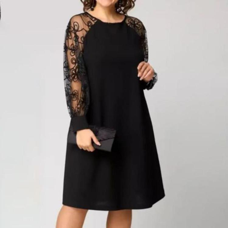 Summer Casual Lace Patchwork Dress Women Crew Neck Long Sleeve Loose A-line Midi Dress for Daily Vacation