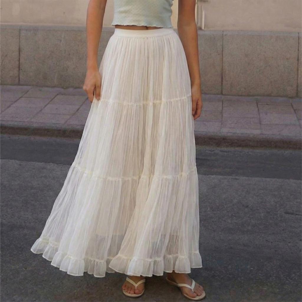 Women’s Fashion Solid Ruched Mesh Tiered Maxi Skirt High Waist Flared Hem Long A Line Skirt Lightweight Layered Design