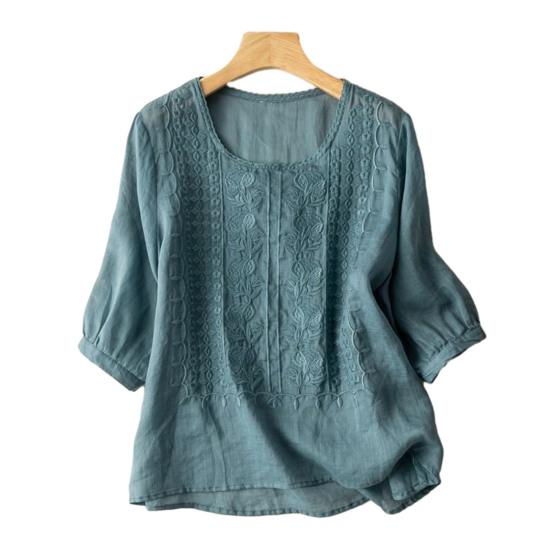Women Tops Round Neck 3/4 Sleeve Puff Sleeve Loose Fit Casual Tops Embroidery Irregular Hem Blouse Spring Summer Wear