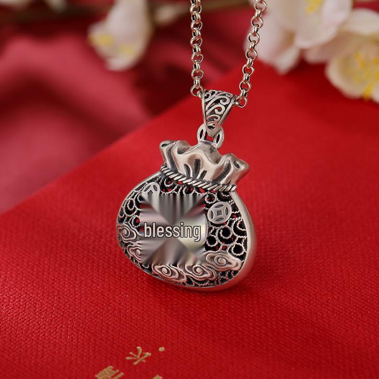S990 Sterling Silver Cloisonné Carp Pendant Necklace, Enamel Hollow Carved Money Bag Design for Women.