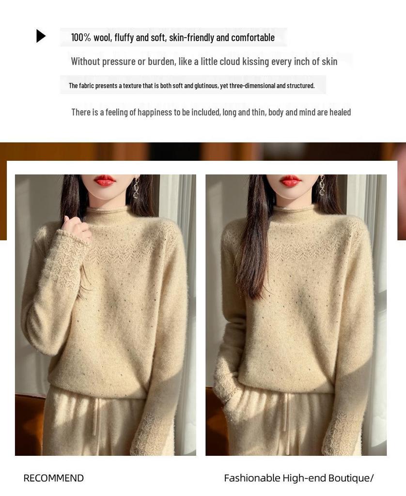 2026 A/W Wool Sweater: Thickened Roll Edge, Half-High Collar, Long Sleeve, Hot-Fix Rhinestone, Hollow-Out Knitwear.