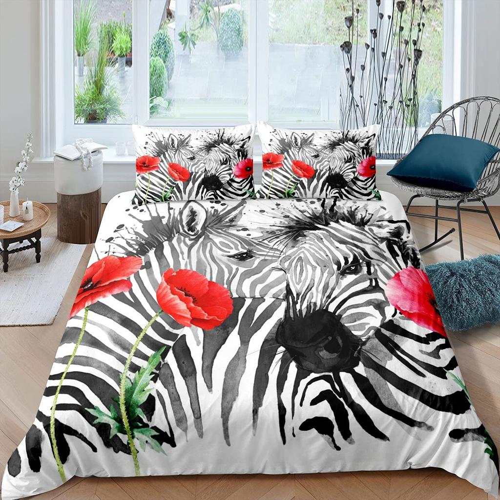 Zebra Print Bedding Set, Striped Zebra Animal Print Decorative Quilted 3 Piece Comforter Cover With 2 Pillow Shams, King Size