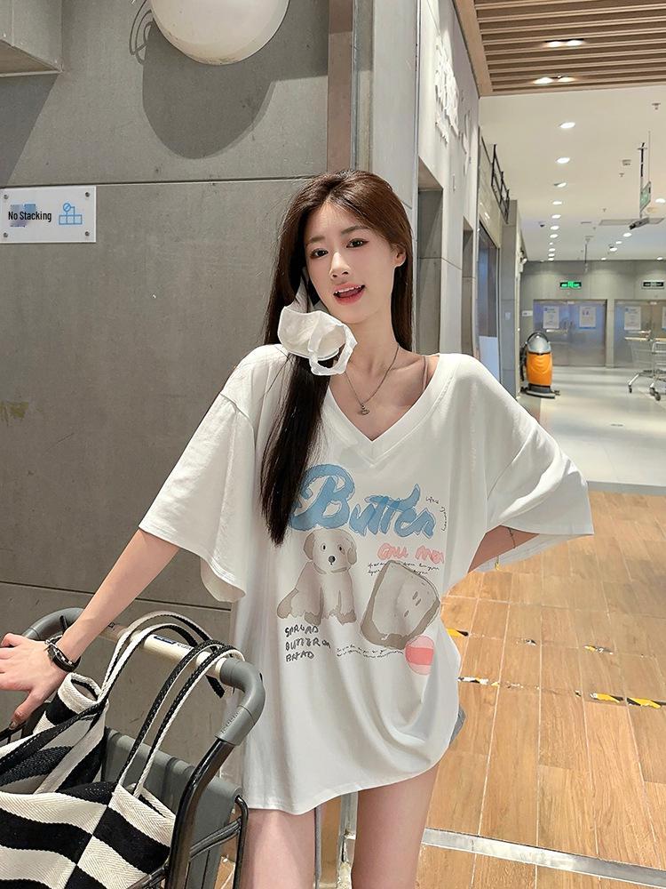 2025 Summer New Women's Influencer V-neck Loose Cartoon Print Short Sleeve T-shirt