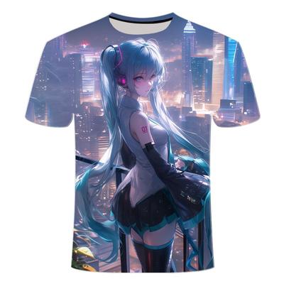 2024 lato nowy 3D drukowany okrągły dekolt T-shirt popularny kreskówka Hatsune Miku seria męska krótki rękaw
