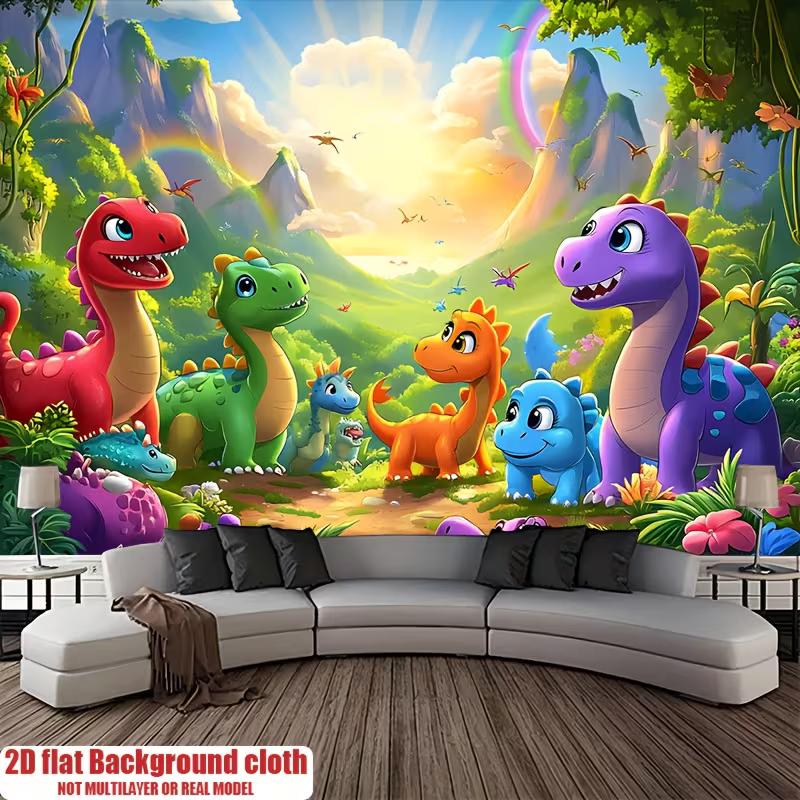 Cute Cartoon Dino Tapestry, Rainbow Mountain & Jungle Wall Hanging, Bright Prehistoric Animal Wall Decor for Kids Room
