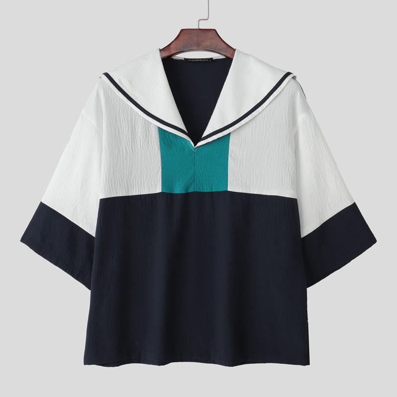 

INCERUN Мужские повседневные рубашки оверсайз свободного кроя с морским воротником и коротким рукавом, пэчворк, топы S