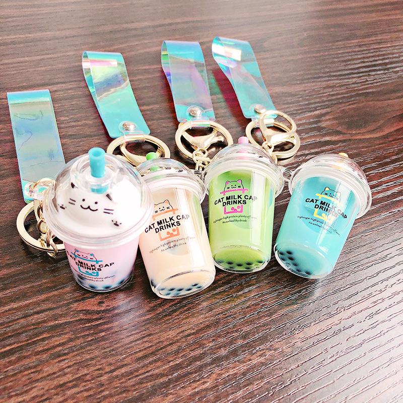Cute Cartoon Cat and Milk Tea Keychain for Men and Women - Trendy Internet Celebrity Couples Pendant