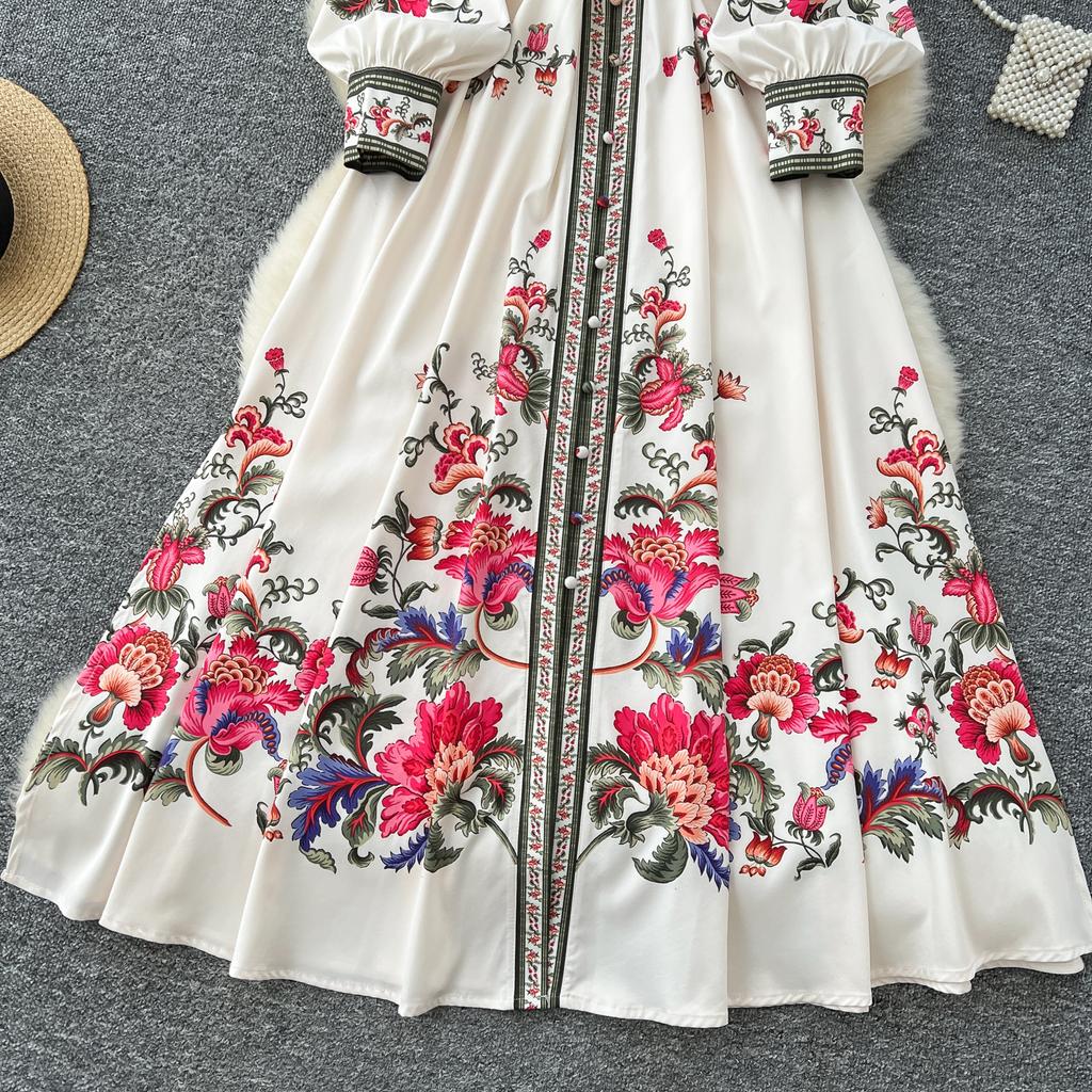 Frühlings-Damen-Stehkragen-Vintage-Print Einreihig Langes Maxi-Urlaubs-Strandparty-Kleid mit Gürtel