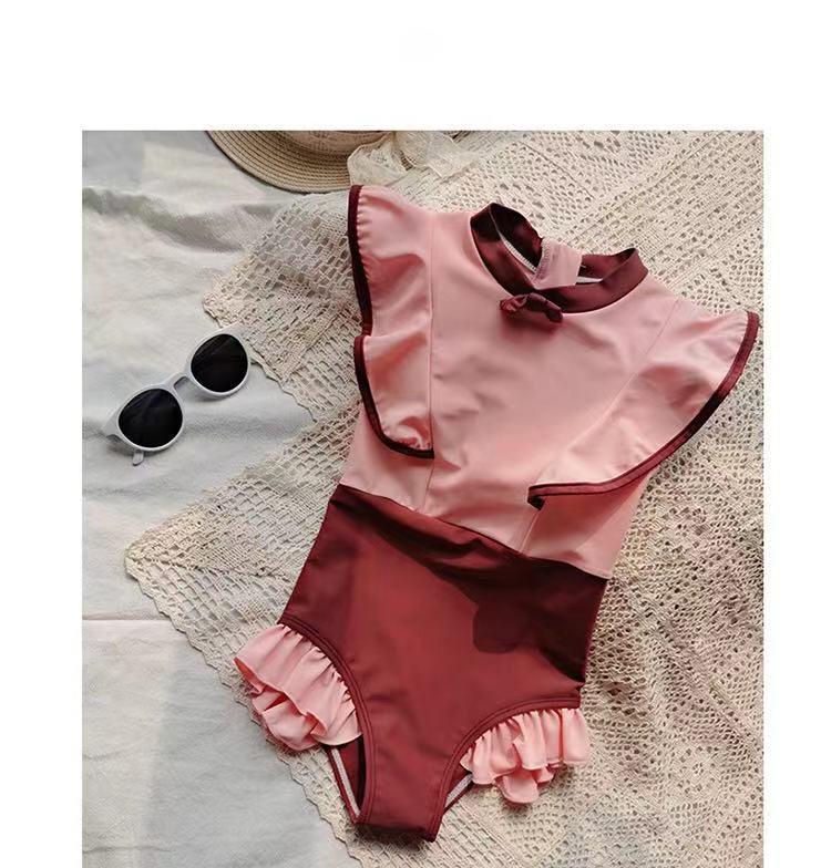 Cute Korean-Style Pink Lace Zipper Swimsuit for Girls