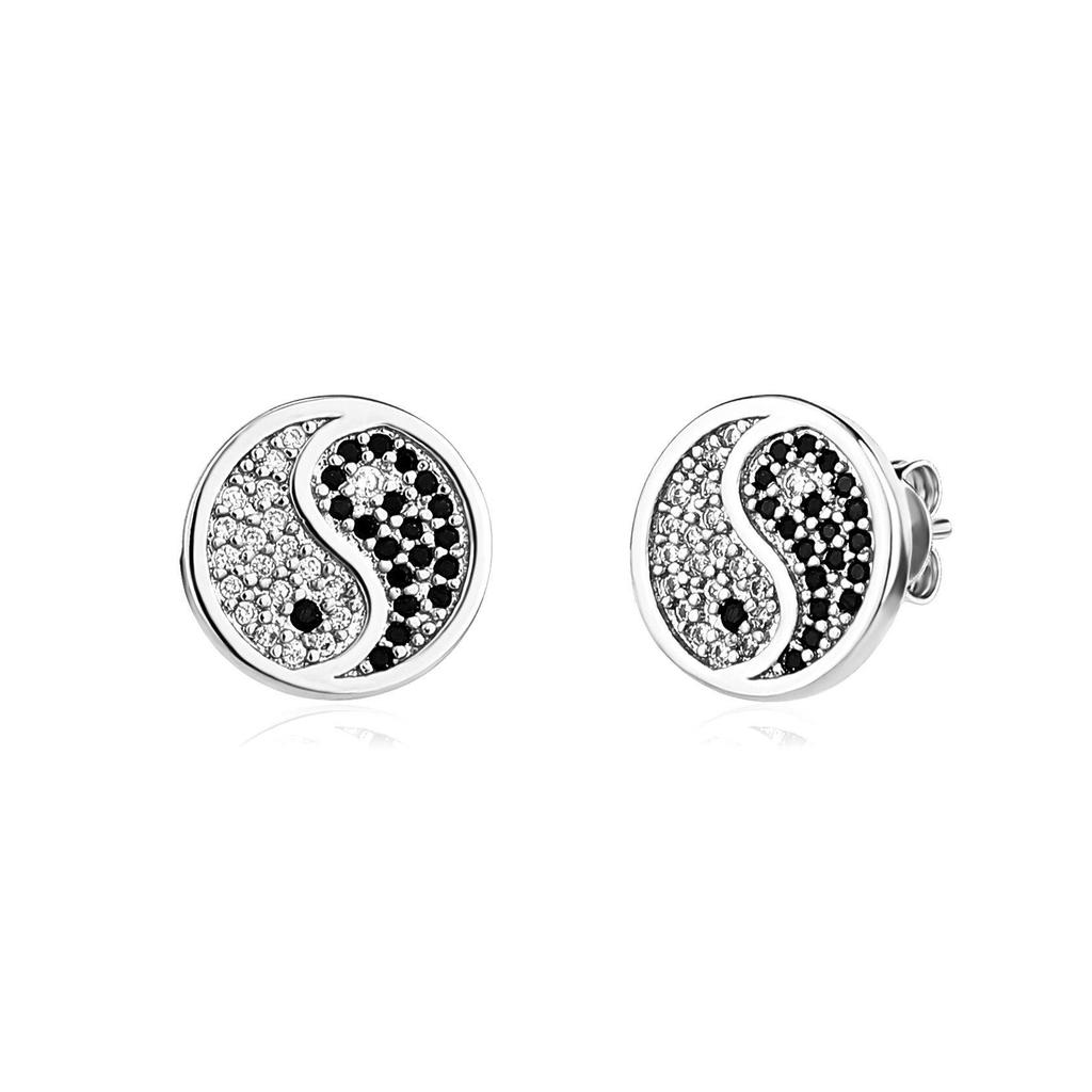 Chinese Style Bagua Black & White Diamond Stud Earrings for Men - Copper Zircon, Trendy European & American Design
