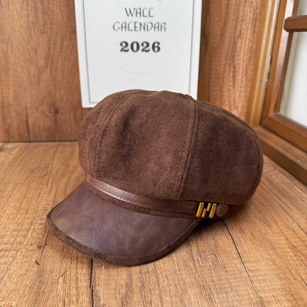 French Vintage Suede Splicing Leather Brim Newsboy Octagonal Ladies Brimmed Beret Internet celebrity Fall/Winter