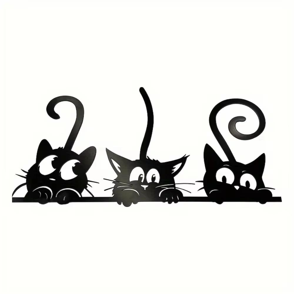 1pc Metal Wall Art Decor - Black Three Thick-Skinned Cats, Iron Wire Wall Hanging Ornament