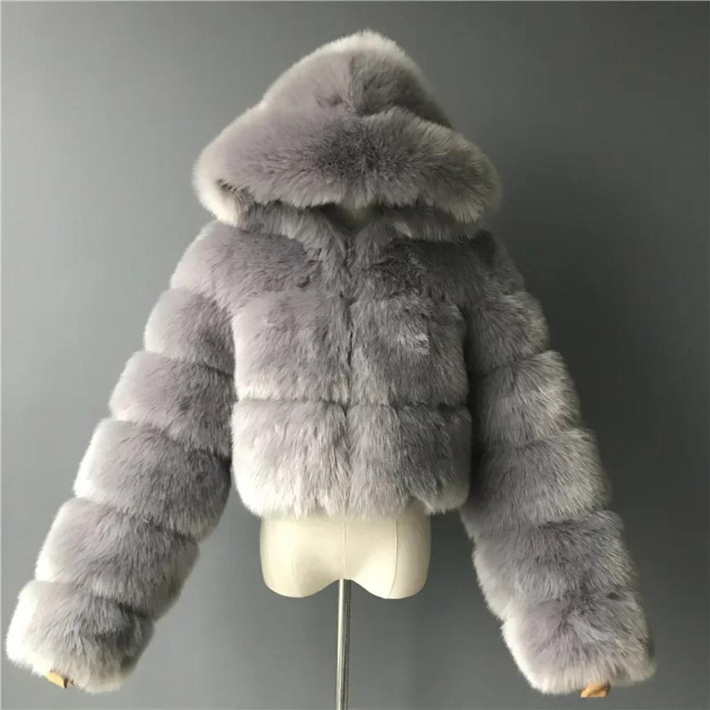 VAYLA Herbstlicher, flauschiger Kunstpelzmantel für Damen, flauschiger Kapuzenmantel, gerader Schnitt, kurze Winterpelzjacke, modische Streetwear, neu