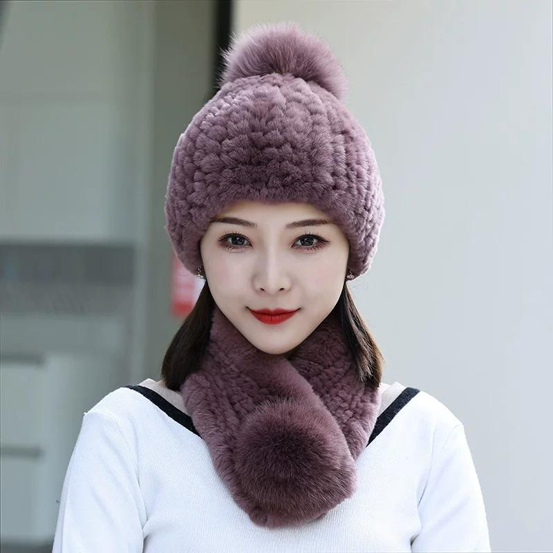 Rex Rabbit Hair Hat Scarf Two-piece Set Women's Winter Fur Hat Set Winter Fashion Warm Middle-aged Mother Hat
