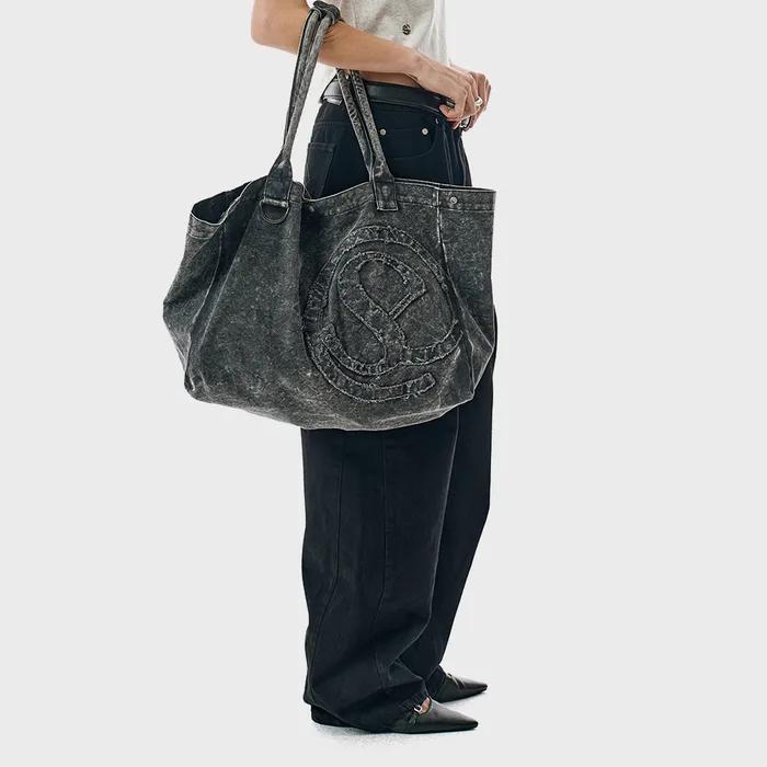 Washed Cotton Applique Tote Bag [CHARCOAL]_SEAC013CHARCOAL