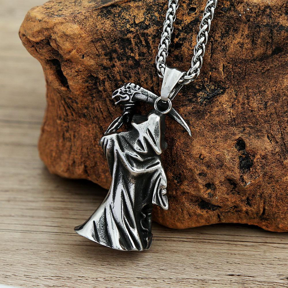 Retro Gothic Grim Reaper Scythe Skull Pendant Punk Motorbike Men Stainless Steel Skull Amulet Necklace Fashion Jewelry