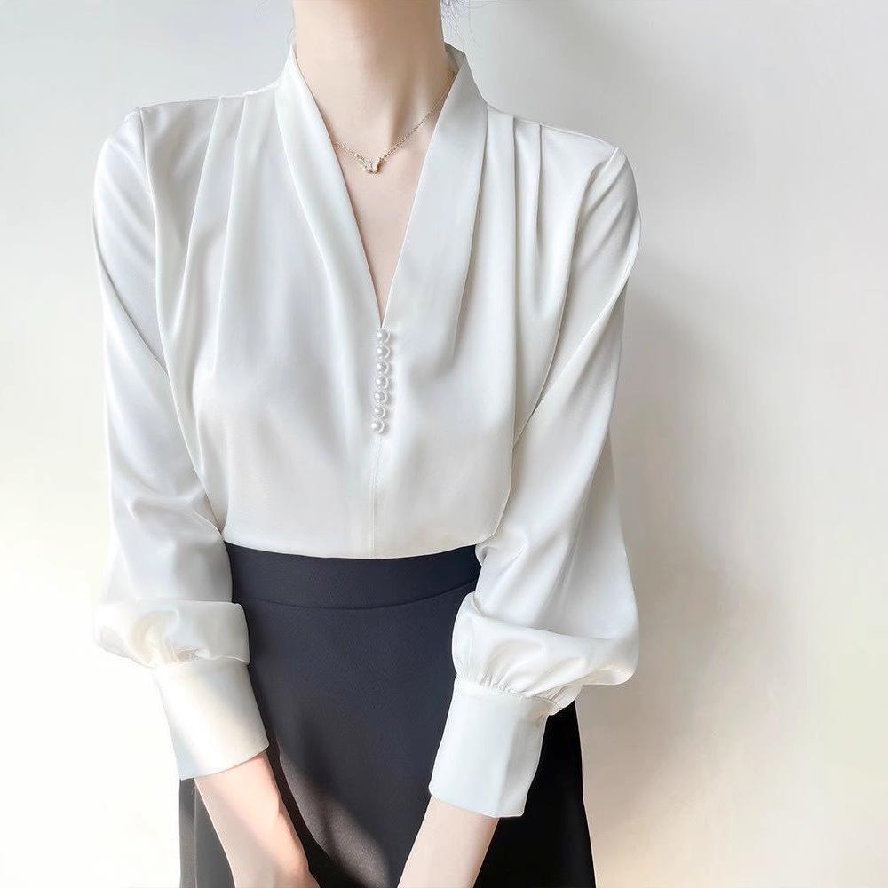 Spring/Summer V-neck Chiffon Shirt for Women OL Professional Long Sleeve Shirt for Women
