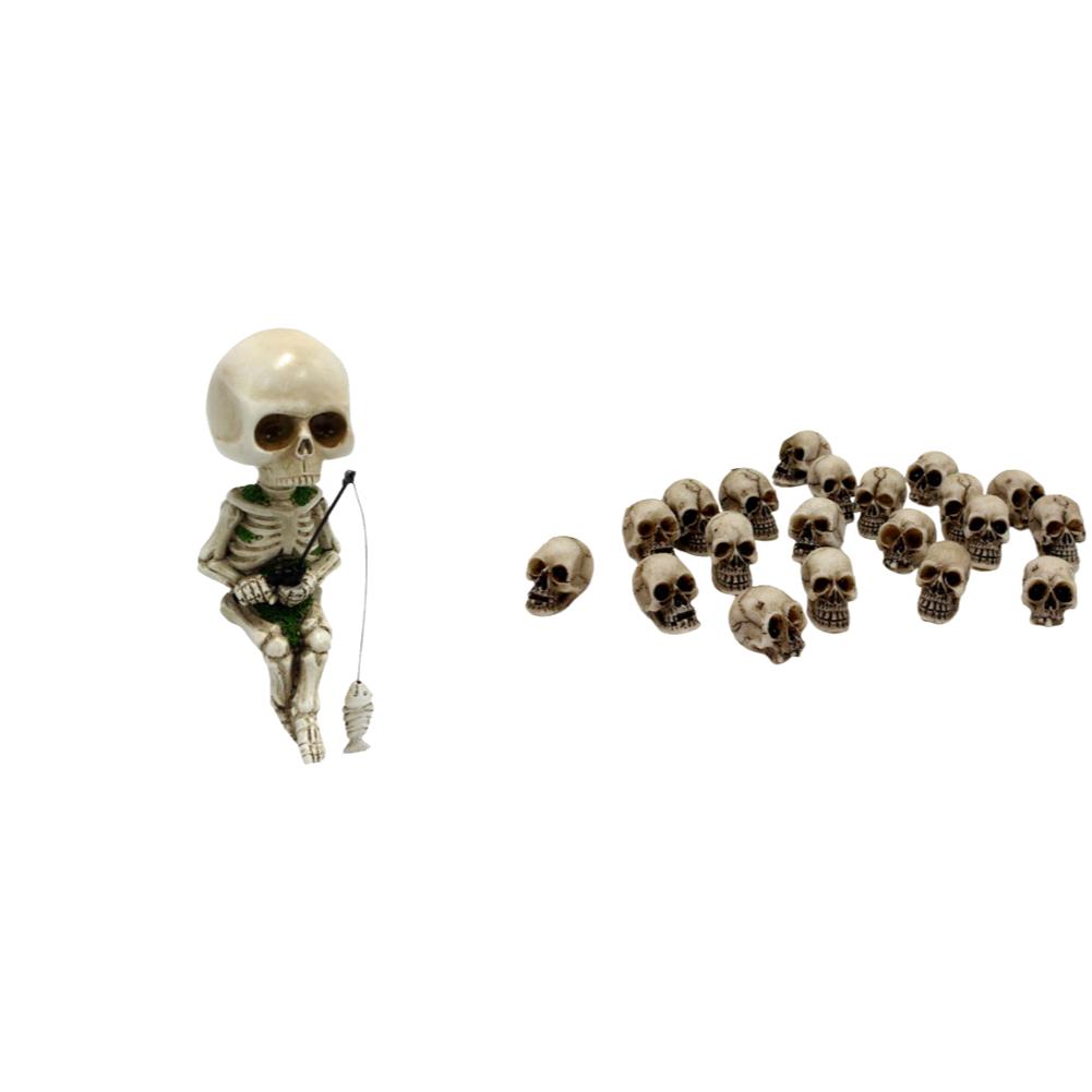 Resin Fishing Skeleton Statue Halloween Decor 20PCS Mini Skull Heads Small Skeleton Ornament for Outdoor Garden Yard Lawn Pond