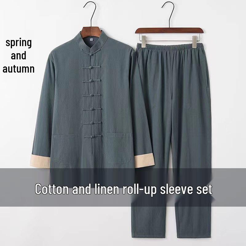 Men's Retro Embroidered Tang Suit Set - Cotton & Linen Long Sleeves for Spring/Autumn Zen Meditation