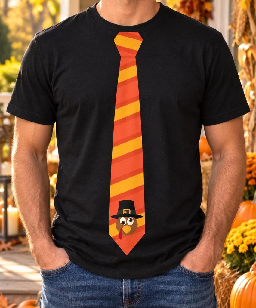 Turkey Tie T-Shirt, Funny Thanksgiving Necktie Print, Orange Stripes Pilgrim Bird Design, Fall Harvest Outfit, Family Dinners, Holiday Party