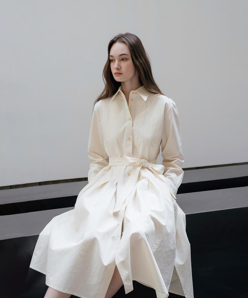YOUNESS Ivory Tuck Pleated Shirt Dress