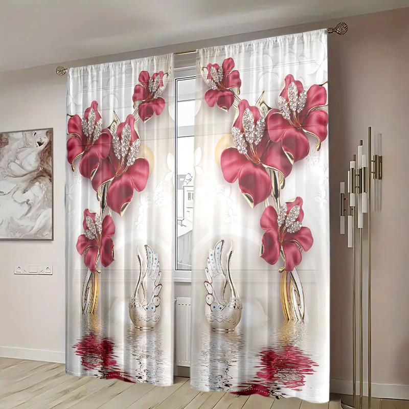 2 Pieces, Beautiful Flower Swan Print Semi Blackout Curtains - Pole Pockets - Bedroom, Living Room, and Other Home Decorations