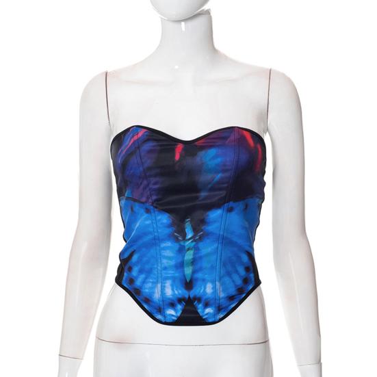 2 Pcs/Set Women Top Skirt Set Bodycon Skinny Colorful Mid-calf Length Animal Thin Backless Butterflies Print Sleeveless