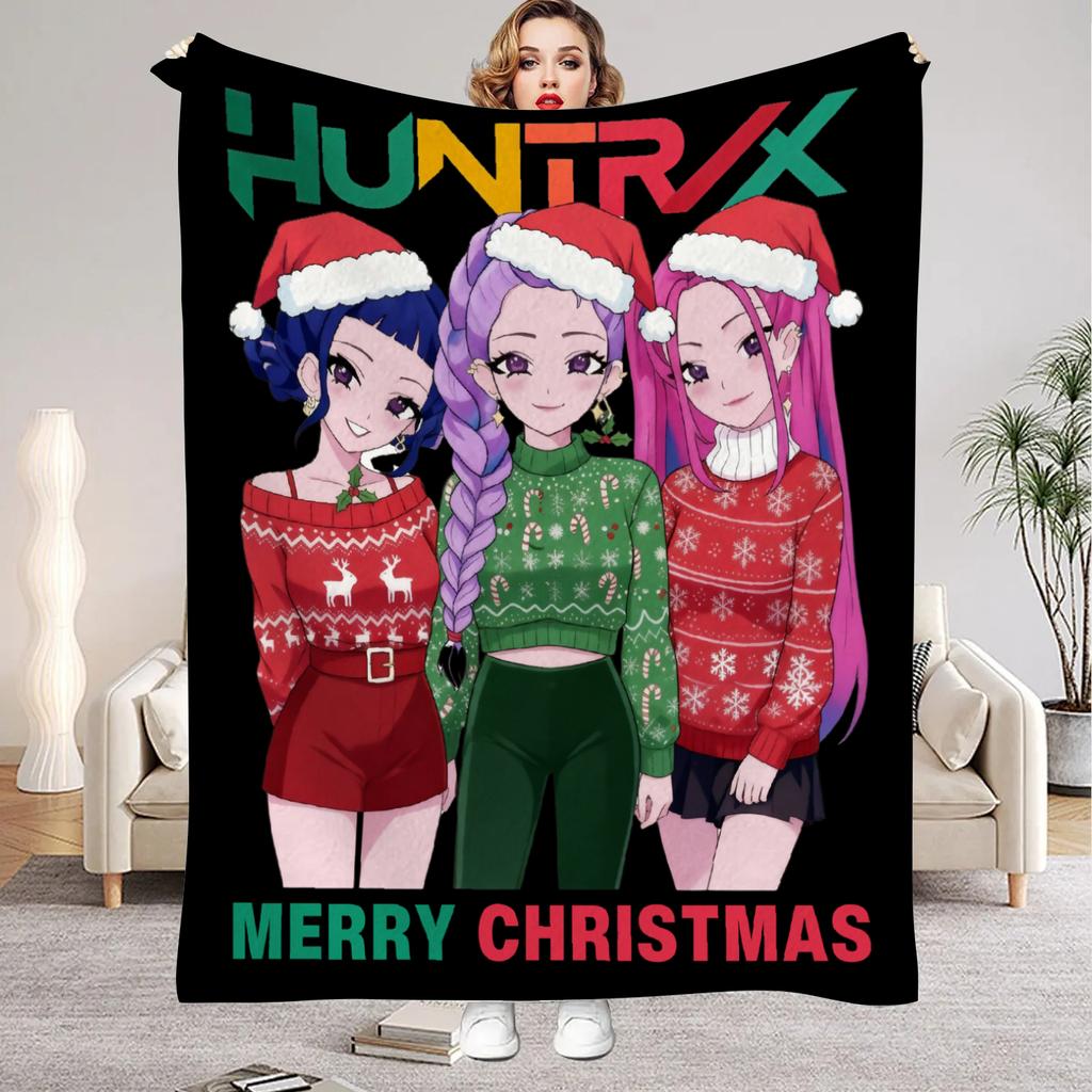 Christmas Theme K-Pop Demon Hunters Blanket Girls Boys Plush Throw Blanket Novelty Warm Blanket All Season Gift for Bed Sofa