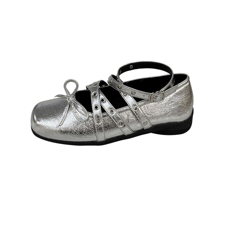 The owner's own version~ Red cross-strap bow small single shoes women's new shallow rivet flat-soled ballet shoes
