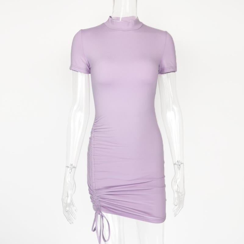 

2024 Лето Женское Сексуальное Плиссированное Платье с Юбкой На Бедрах Короткий Рукав Высокий Воротник Обтягивающее Платье Large фиолетовый