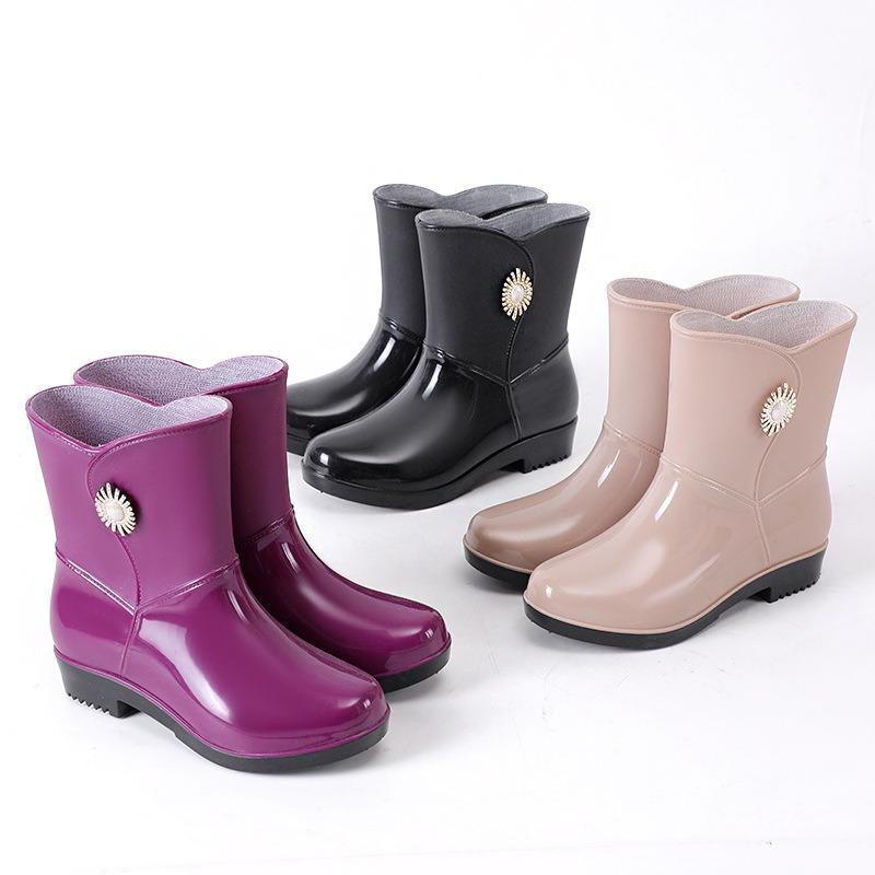 New fashion rain shoes women's medium tube non-slip warm thickened wear-resistant rain boots cotton kitchen overshoes
