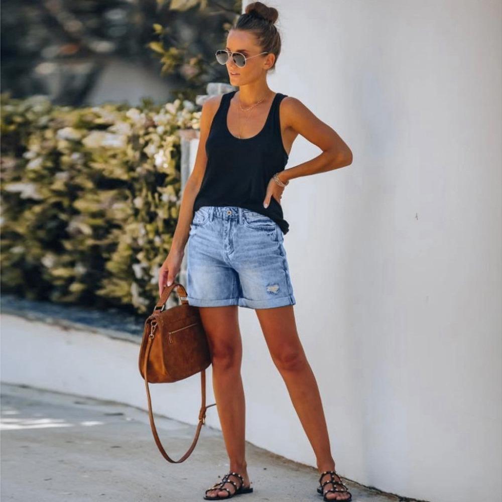 Women's Mid Rise Bermuda Shorts Loose Fit Distressed Cuffed Washed Denim Shorts