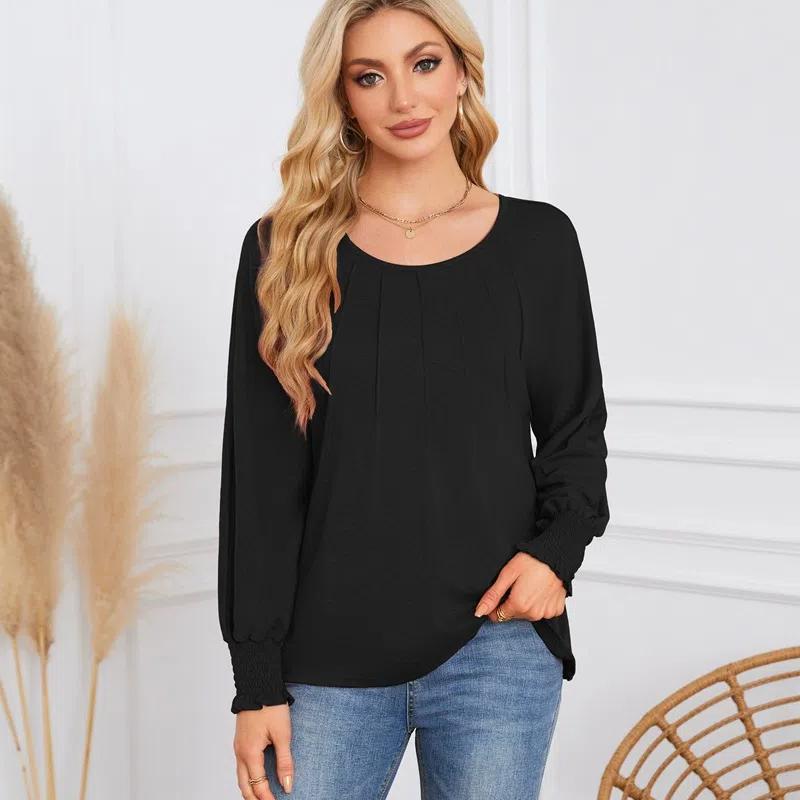 2026 New Women's Pleated Long Sleeve T-Shirt, Round Neck Casual Solid Color Blouse for Autumn Winter