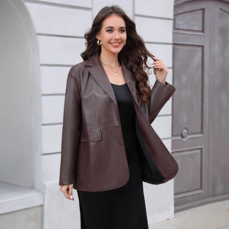 Womens Oversized PU Leather Blazer Jacket